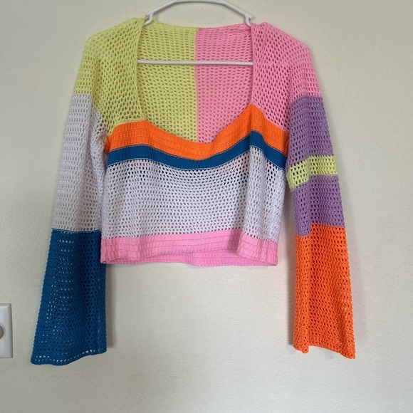 Women Hollow Out Crochet Knit
Sweater Crop Tops Color Blocking Large - Picture 2 of 9